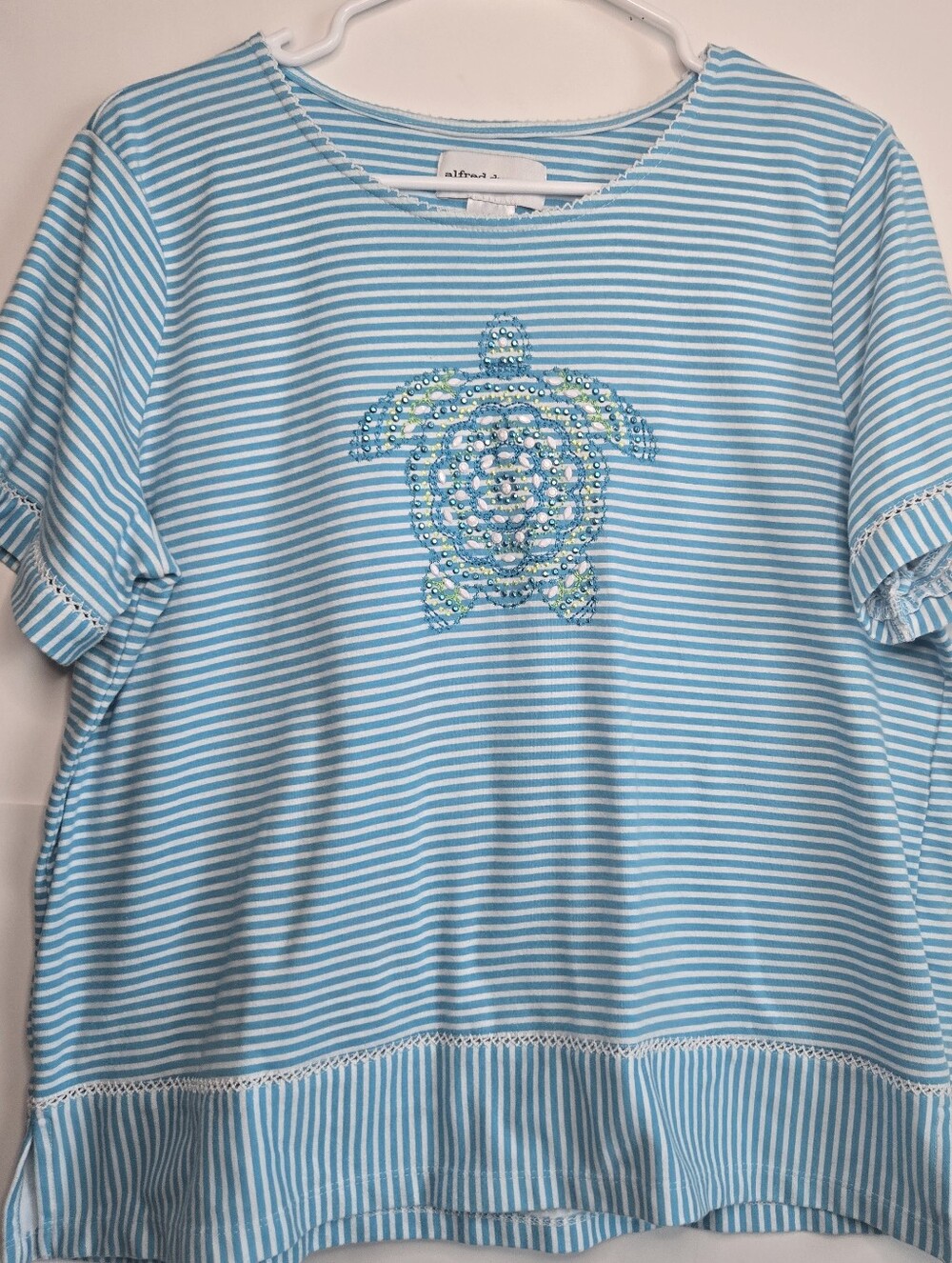 Alfred Dunner Blue & White Striped Turtle Sequin Tee